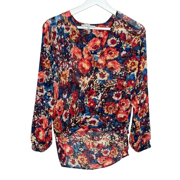 WAYF Sheer Floral Blouse XS Orange Blue Long Sleeve Boho Office Top - Picture 1 of 12